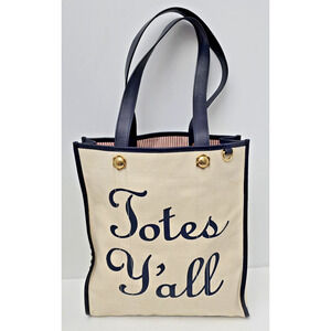 Draper James Totes Y’all Large Ivory Canvas Navy Leather Tote Bag
